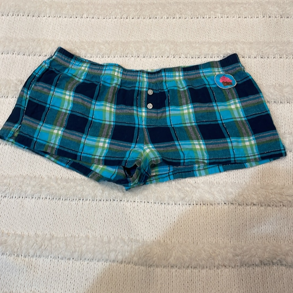 Fruit of the loom Plaid pj Shorts Cupcake Patch blue green metallic women’s XXL